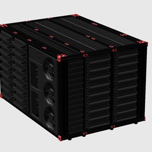 Könnte beinhalten: Ein schwarzer Metall-Serverrack mit mehreren Fächern und roten Akzenten. Der Rack hat eine Reihe von Lüftern an der Seite.