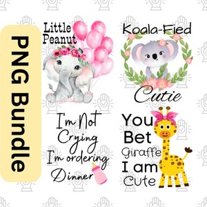 Paquete PNG de niña, diseños de sublimación de niña, PNG de jirafa bebé, PNG de elefante de niña