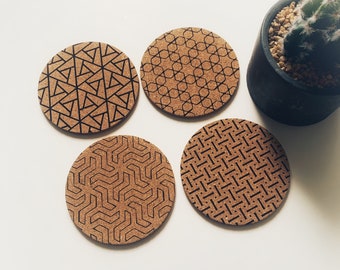 Minimalist Laser Engraved Cork Coasters, Geometric, Cork Coasters, Wedding Gift, Tableware, Coaster Set, Unique Gift, Birthday, Bar