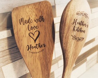 Cuillère et spatule en bois personnalisées, cuisine personnalisée, cuillères en bois, cuillère personnalisée, spatule en bois, cuillère gravée, cadeau unique, anniversaire