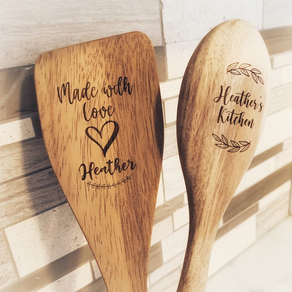 Cuillère et spatule en bois personnalisées, cuisine personnalisée, cuillères en bois, cuillère personnalisée, spatule en bois, cuillère gravée, cadeau unique, anniversaire