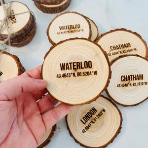 May include: Wooden coasters with the names of different cities and their coordinates engraved on them. The cities include London, Toronto, Waterloo, and Chatham.