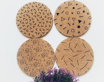 Minimalist Laser Engraved Cork Coasters, Geometric, Cork Coasters, Wedding Gift, Tableware, Coaster Set, Unique Gift, Bar, Birthday