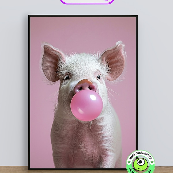un petit cochon espiègle en train de faire une bulle de chewing-gum