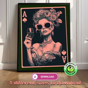 Reine de Cartes à Jouer avec Lunettes de Soleil et Verre de Vin -  5 sizes to download - Téléchargement Numérique