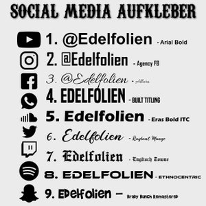 May include: A graphic showing nine different font styles for the word "Edelfolien" with the name of each font listed below. The fonts are Arial Bold, Agency FB, Allura, Built Titling, Eras Bold ITC, Raybent Mango, Englisch Towne, Ethnocentric, and Braby Bunch Remastered.