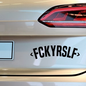 Peut inclure: Une voiture argentée avec un autocollant noir sur le pare-chocs qui dit "<FCKYRSLF>".