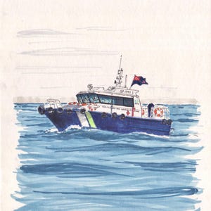 Puede incluir: Un barco de rescate azul y blanco con una cruz roja en el lateral, el texto "VOLUNTARY MARINE RESCUE" y el número "SP 1949 1" en el lateral, navega por un mar azul.
