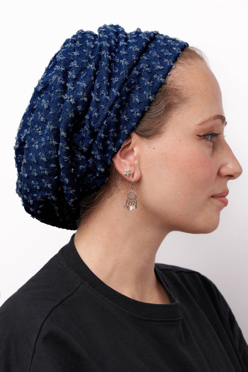 Jewish head covering, Beret, Denim , Head Wrap Adjustable, sleep cap,Breathable Light Cotton, Cancer Headwear for Women, Israeli Tichel Тёмно-синий