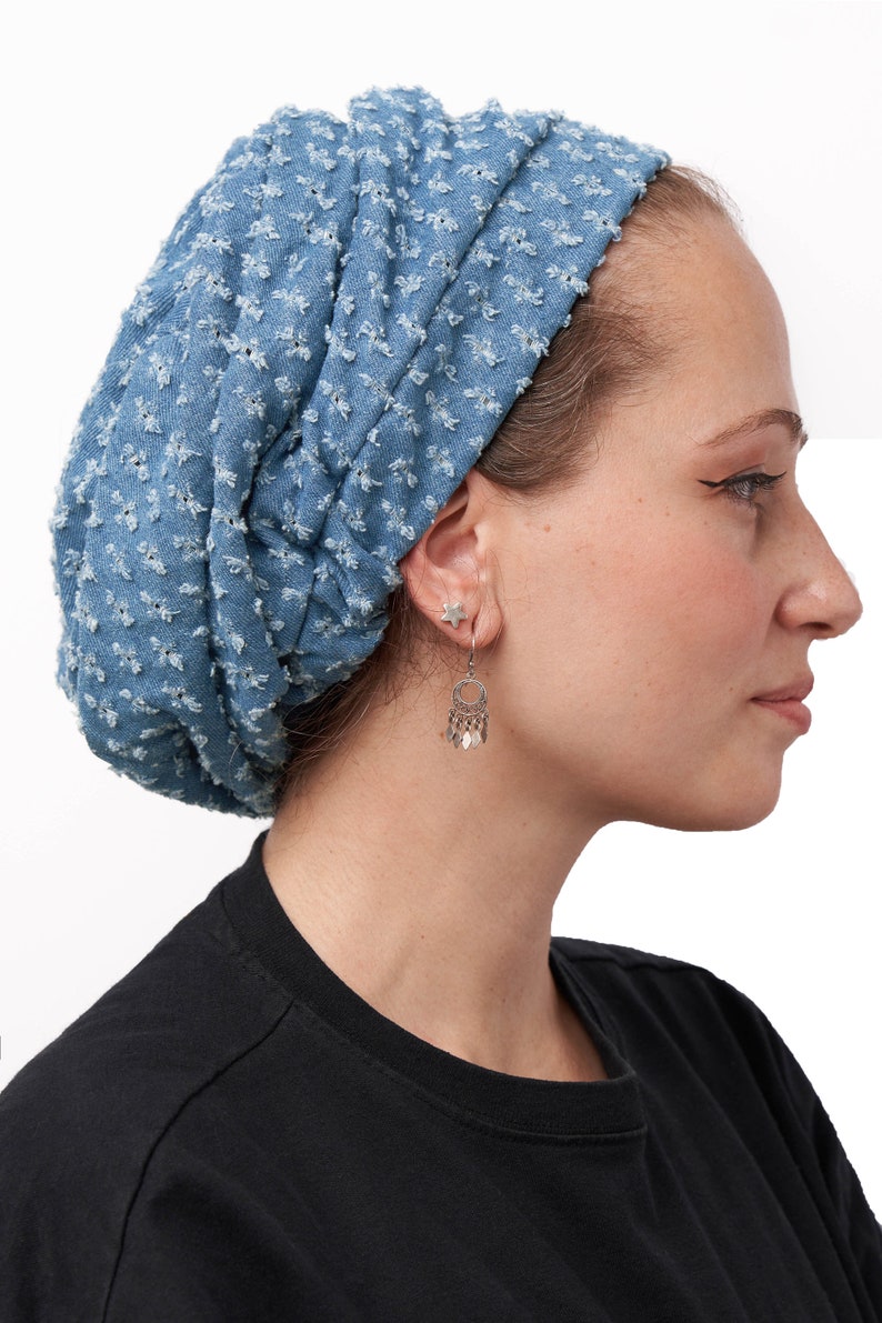 Jewish head covering, Beret, Denim , Head Wrap Adjustable, sleep cap,Breathable Light Cotton, Cancer Headwear for Women, Israeli Tichel Светло-синий