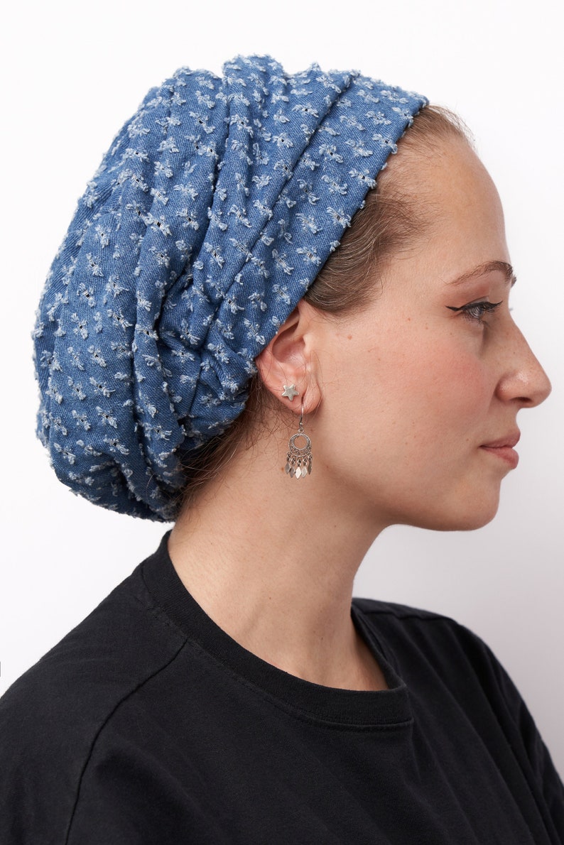 Jewish head covering, Beret, Denim , Head Wrap Adjustable, sleep cap,Breathable Light Cotton, Cancer Headwear for Women, Israeli Tichel Blue