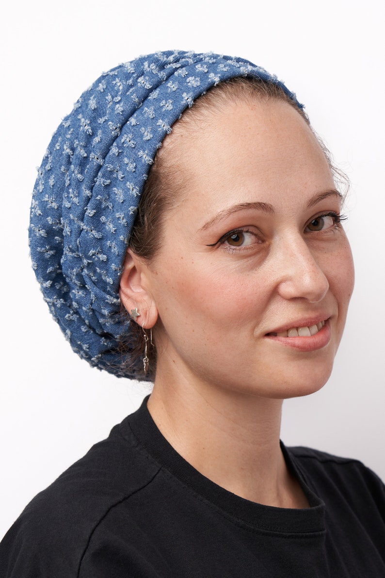 Jewish head covering, Beret, Denim , Head Wrap Adjustable, sleep cap,Breathable Light Cotton, Cancer Headwear for Women, Israeli Tichel image 2