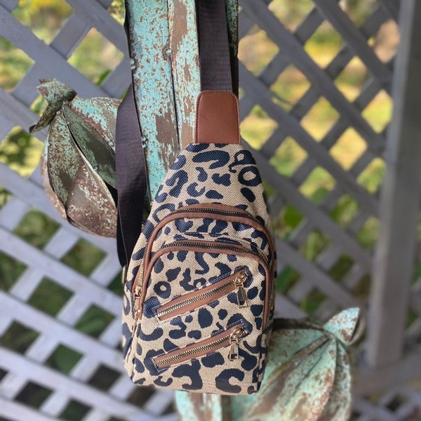 Dual Zipper Leopard Print Sling Bag | Trendy Chest Purse | Women's Travel Crossbody Bag Mini Geometric | Sling Bag