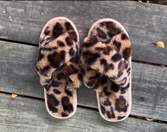 cheetah print fuzzy slides
