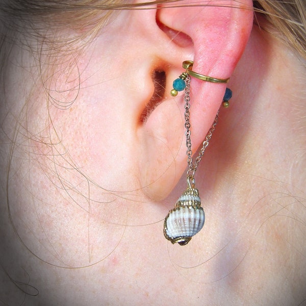 Ear Cuff No Piercing With Blue Apatite & Seashell | Sustainable Fashion | Ethical Jewelry | Boho Siren Jewelry | Meaningful Gifts