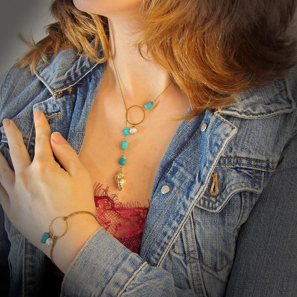 Lariat Keshi Pearl Necklace | Genuine Turquoise Y Necklace | Ethical Bohemian Jewelry | Sustainable Fashion | Artisan Intentional Jewelry