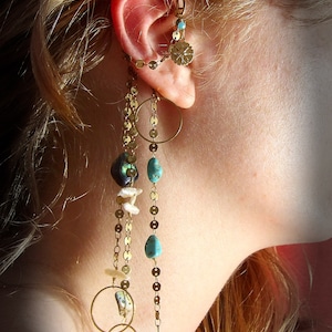 Cuff Wrap Earring With Genuine Turquoise, Biwa Pearl & Abalone | Romantic Jewelry | No Piercing Ear Cuff With Chains | Festival Outfit |
