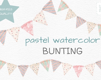Aquarelle bunting clipart: bannière bunting de couleur pastel / PNG clip art / art de la crèche / décor pour enfants / bannières de drapeau