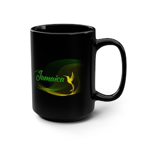 Jamaican Humming Bird Mug, Glossy 15oz Ceramic Mug in Black, Jamaican Gift