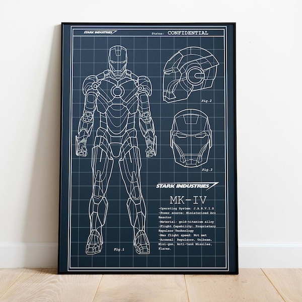 Iron Man Suit Blue Prints - MK-IV / Avengers Poster /  Marvel Wall Art / Movie Décor