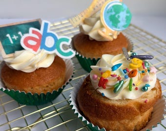 First day of school - pack of 18 cupcake muffin topper pre-cut Made of wafer paper or Fondant