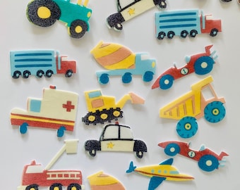 Edible cupcake / muffin toppers / cake decorations *vehicles* 18 pieces DIE-CUT out of edible paper or fondant