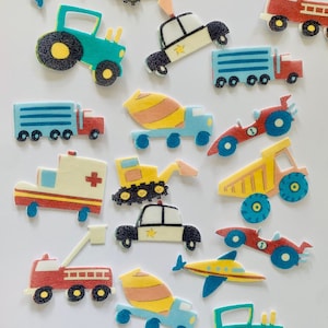 Edible cupcake / muffin toppers / cake decorations *vehicles* 18 pieces DIE-CUT out of edible paper or fondant