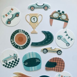 Edible cupcake / muffin toppers / cake decoration *racing car racing car vehicles* 18 pieces DIE-CUT out of edible paper or fondant