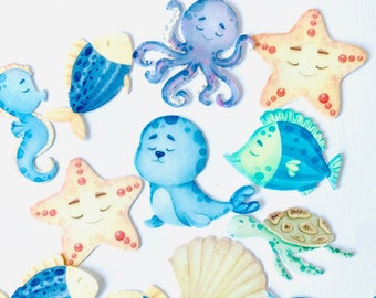 Essbare Cupcake /Muffin Aufleger / Tortendeko Meerstiere Fische Krake Wal Seepferdchen 18 Stück ausgeschnitten aus Esspapier oder Fondant
