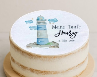 Personalized cake topper for baptism, confirmation, communion / fondant cake topper / lighthouse - size up to 20 cm in diameter