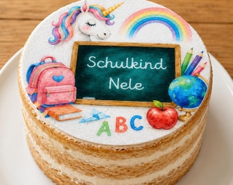 Personalized fondant cake topper for the first day of school, featuring a unicorn and rainbow, diameter freely selectable up to 20 cm.