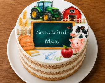 Personalized fondant cake topper for the first day of school, with farm motifs, diameter freely selectable up to 20 cm