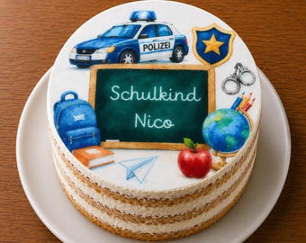 Personalized fondant cake topper for the first day of school, with police motifs, diameter freely selectable up to 20 cm