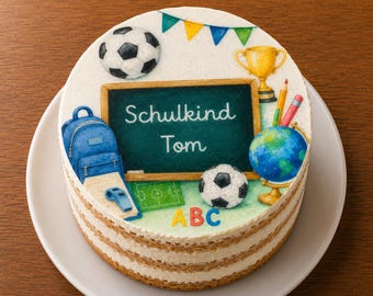 Personalized fondant cake topper for the first day of school, with football motifs, diameter freely selectable up to 20 cm