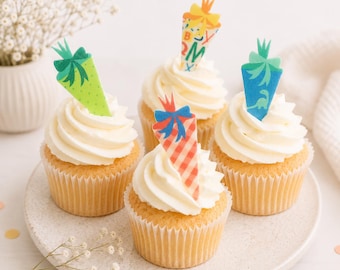 School cone - pack of 14 cupcake/muffin decorations made of wafer paper or fondant