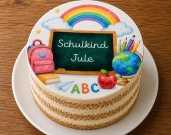 Personalized fondant cake topper for the first day of school with a rainbow design, diameter freely selectable up to 20 cm.