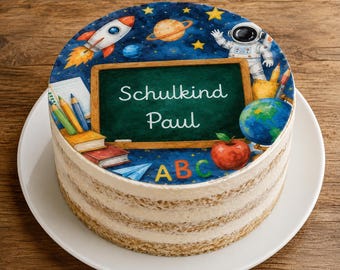 Personalized fondant cake topper for the first day of school, with space motifs, diameter freely selectable up to 20 cm