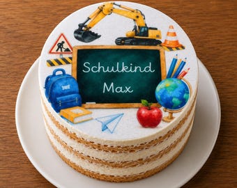 Personalized fondant cake topper for the first day of school, with construction site motifs, diameter freely selectable up to 20 cm