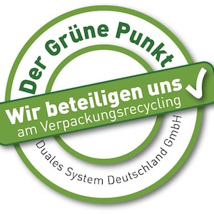 May include: A circular green and white logo with the text "Der Gr&uuml;ne Punkt" in a circular pattern. A green rectangle across the center reads "Wir beteiligen uns am Verpackungsrecycling" with a checkmark. The words "Duales System Deutschland GmbH" are at the bottom.