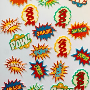 Edible cupcake / muffin toppers / cake decoration superheroes Crash Boom Bang Comic 19 pieces CUT OUT from edible paper or fondant