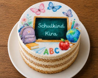 Personalized fondant cake topper for the first day of school with butterflies, diameter freely selectable up to 20 cm