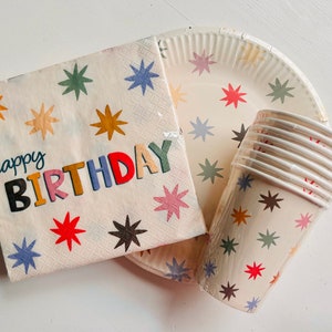 Stoviglie per feste 34 pezzi piatti di carta bicchieri di carta tovaglioli * Happy Birthday Party piatti di compleanno per bambini tazze festa di compleanno decorazione stelle