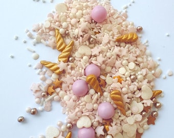 Unicorn Edible Sprinkles / Sprinkle Mix / Decoration for Muffins, Cupcakes, Cookies, Cakes, and Pies - Unicorn Party Sprinkle Mix - Pink, Gold, and White