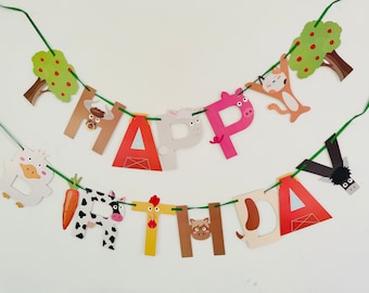 2 garlands Happy Birthday / farm party / birthday animals cow sheep pig duck birthday decoration / children&#39;s room decoration / made of cardboard