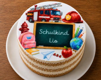 Personalized fondant cake topper for the first day of school, with fire brigade motifs, diameter freely selectable up to 20 cm