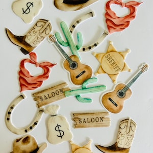 Topper commestibili per cupcake/muffin/decorazioni per torte Cowboy Wild West 20 pezzi TAGLIABILI da carta commestibile o fondente per torte di compleanno
