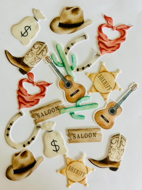 Edible Cupcake / Muffin Toppers / Cake Decoration Cowboy Wild West 20 pieces CUT OUT from edible paper or fondant for birthday cakes