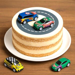 以下が含まれることがあります： 白いお皿にのった、道路のデザインとミニチュアのレーシングカーで飾られた、何層にもなったケーキ。車は青、緑、黄色、黒で、レースの詳細と数字が描かれています。ケーキは木製の表面に置かれています。