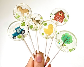 Lolli Bauernhof / Essbare Cupcake Topper / Muffin Stecker / Cake Topper Tortendeko Mitgebsel Kuh Schaf Baum Küken Pferd Traktor Scheune