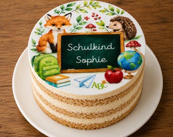 Personalized fondant cake topper for the first day of school, with woodland animal motifs, diameter freely selectable up to 20 cm